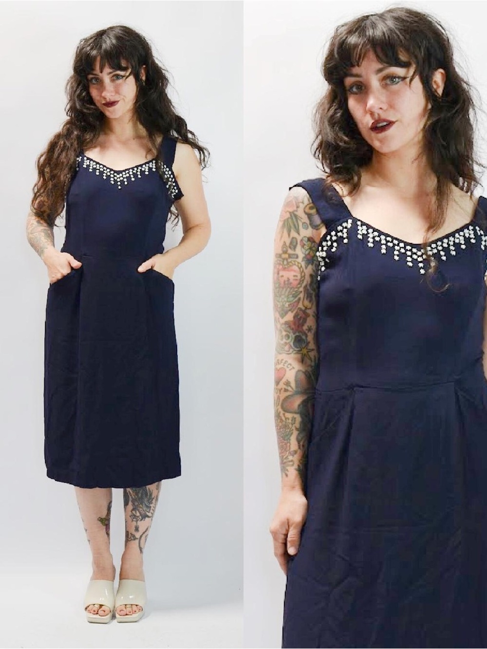 1940 RAYON HAND BEADED NAVY BLUE DRESS VINTAGE 1950s
